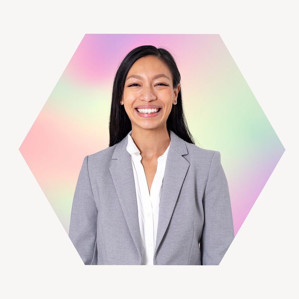 Happy Asian businesswoman, hexagon badge clipart
