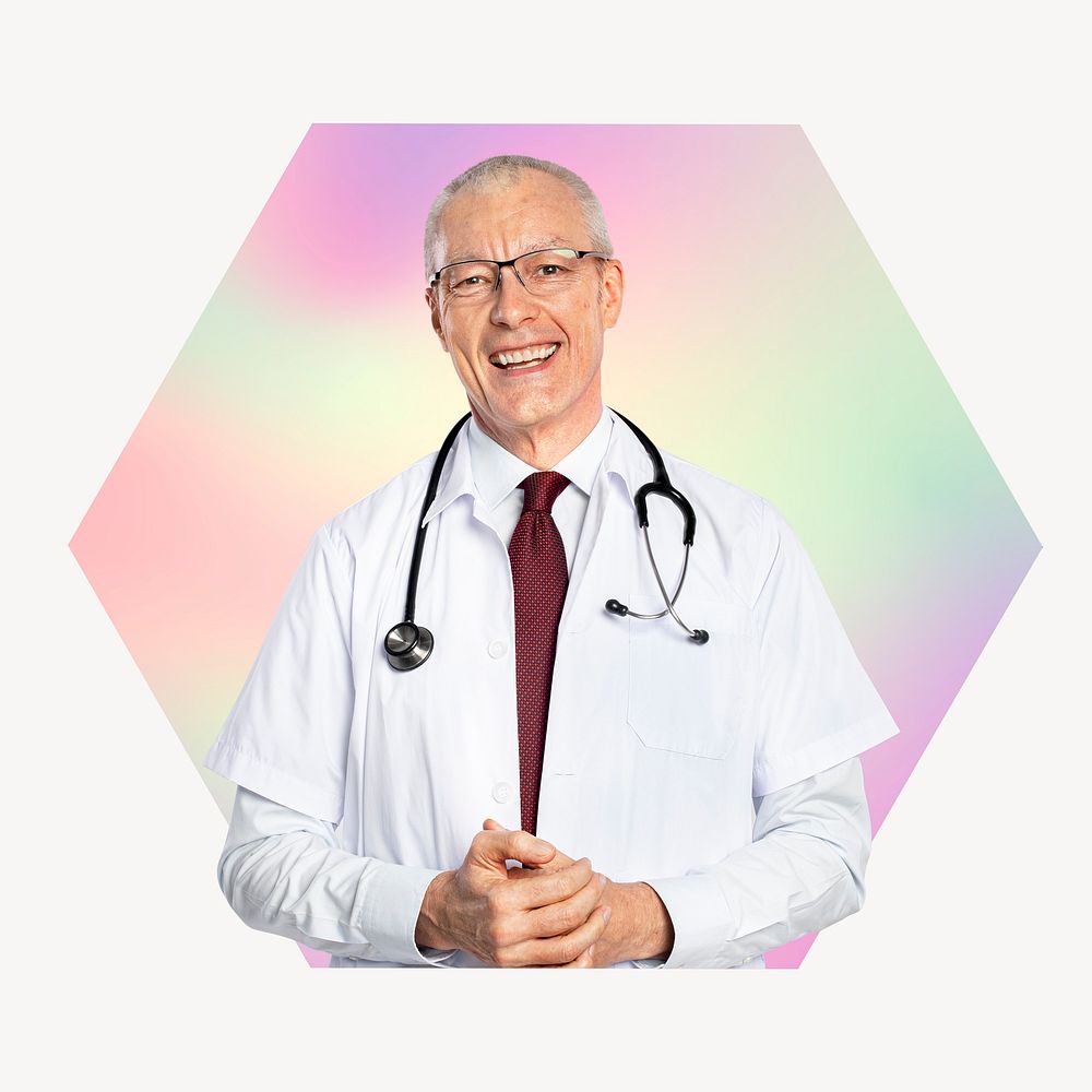 Male doctor with stethoscope, hexagon badge clipart