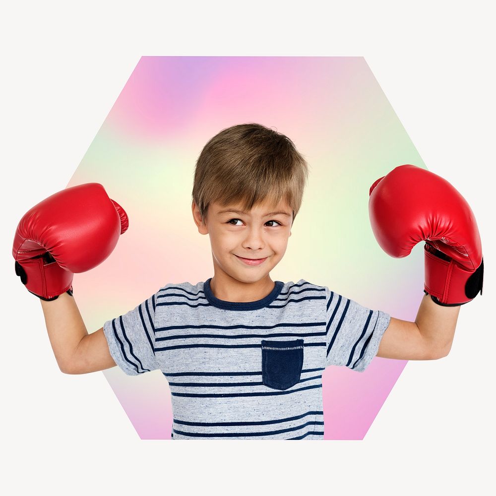 Boy wearing boxing glove, future athlete, hexagon badge clipart