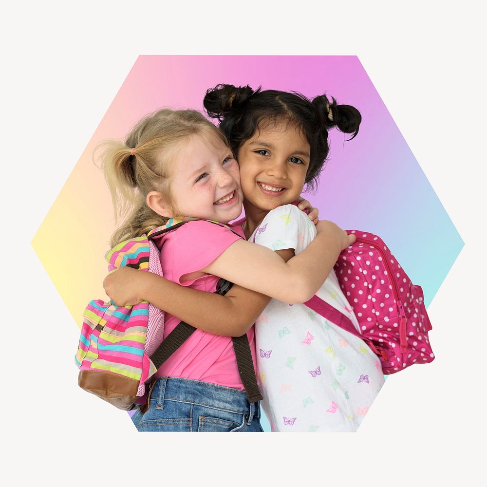 Happy little girls hugging each other, hexagon badge clipart