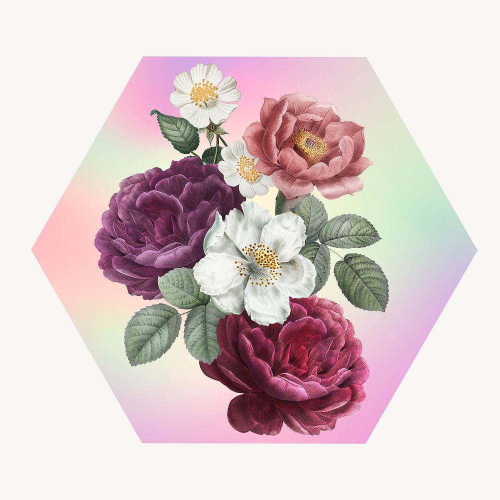 Rose on gradient shape, hexagon badge clipart
