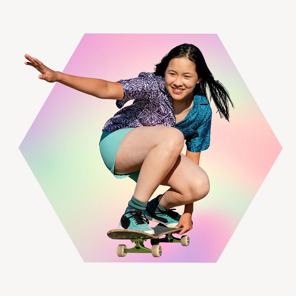 Young woman skateboarding, hexagon badge clipart