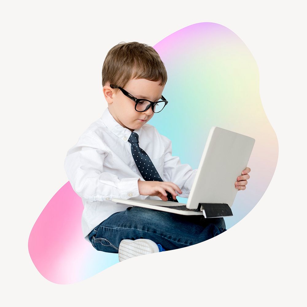 Boy using a laptop, abstract shape badge