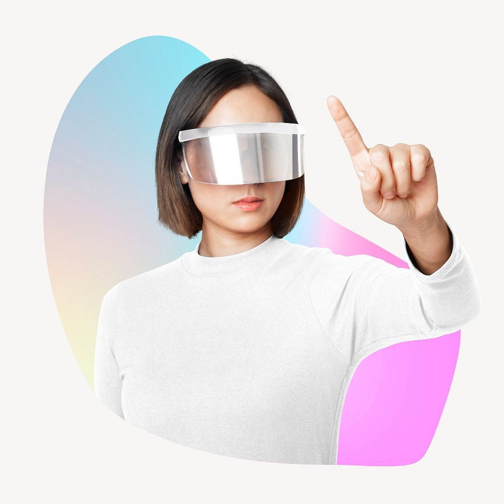 Woman wearing vr glass, metaverse concept, abstract shape badge