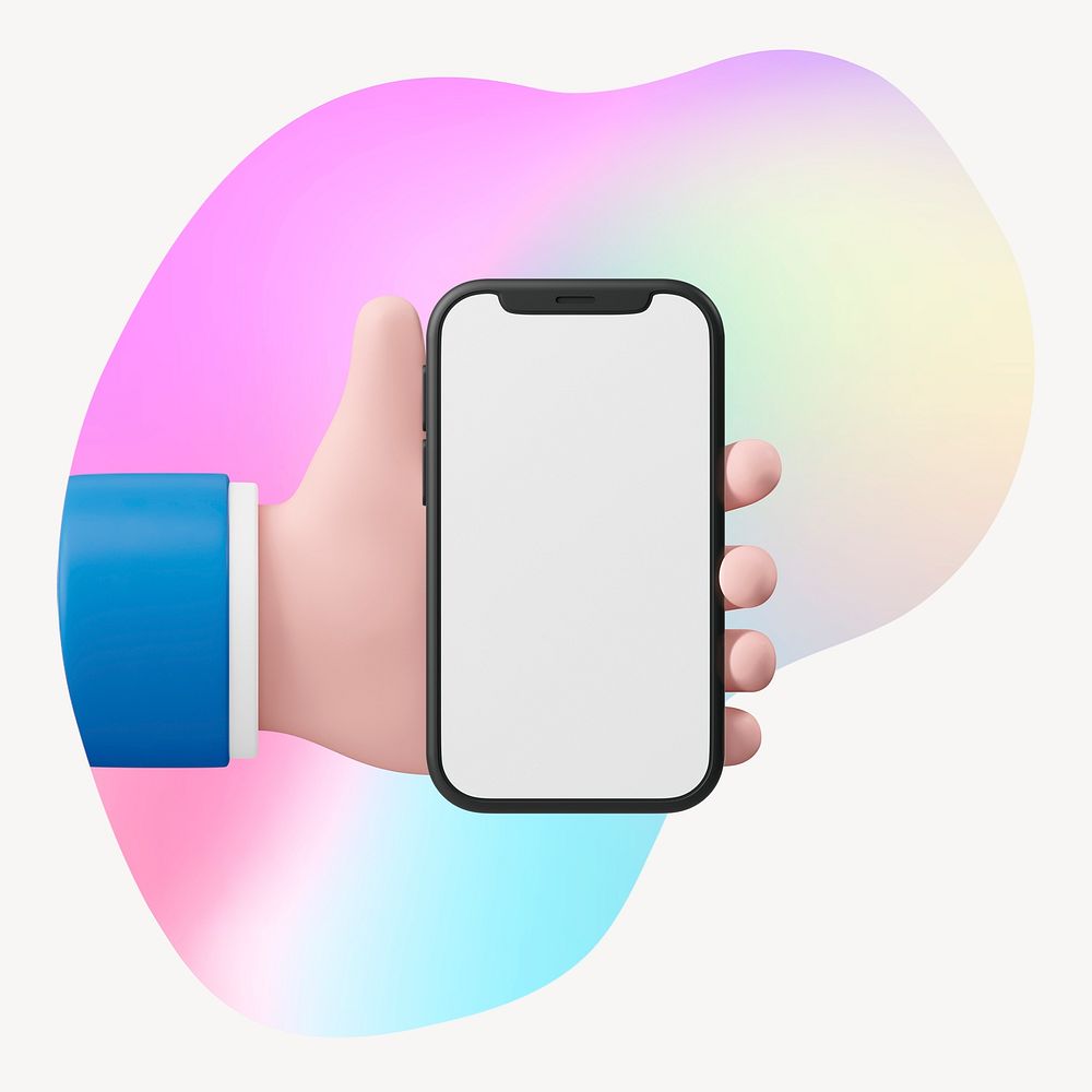 Hand displaying phone screen, abstract shape badge