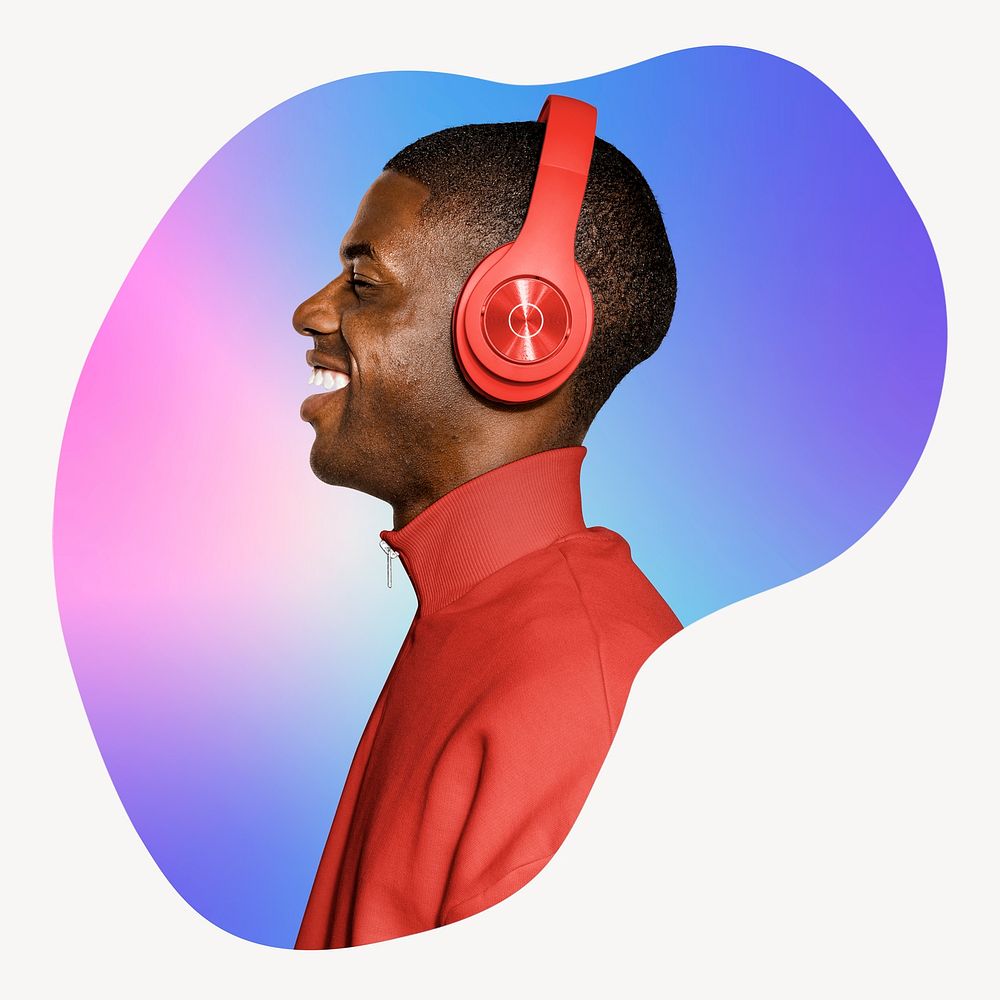 Man wearing red headphone, abstract shape badge