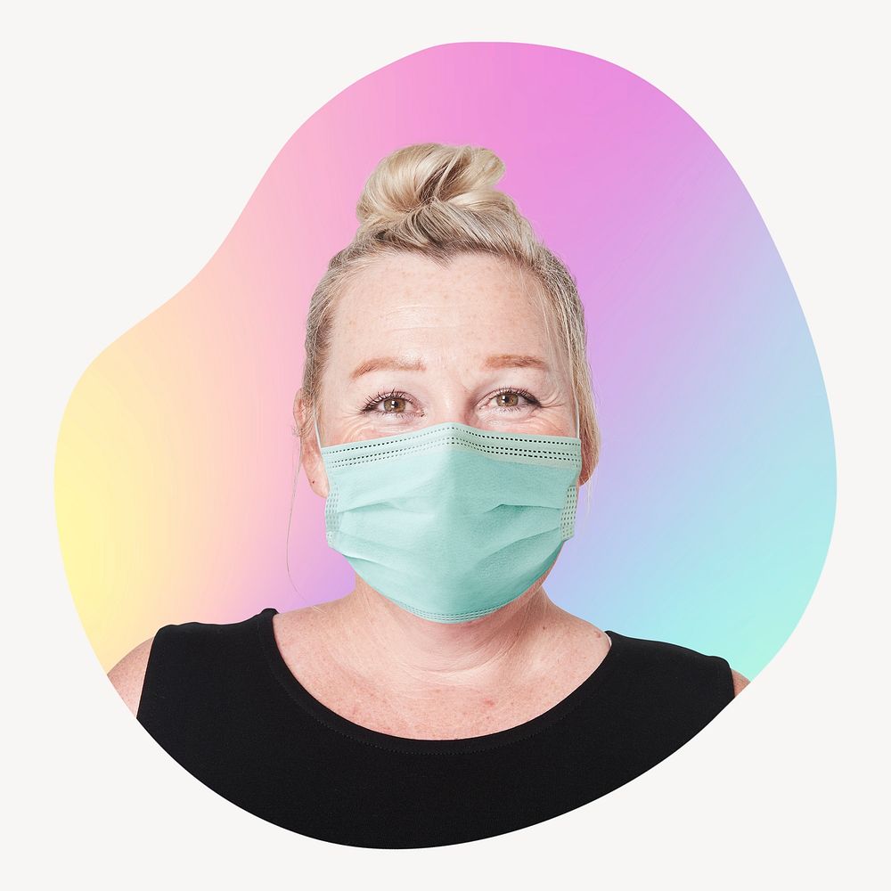 Woman wearing surgical mask, abstract shape badge