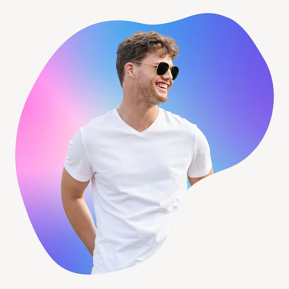 Man wearing sunglasses, abstract shape badge