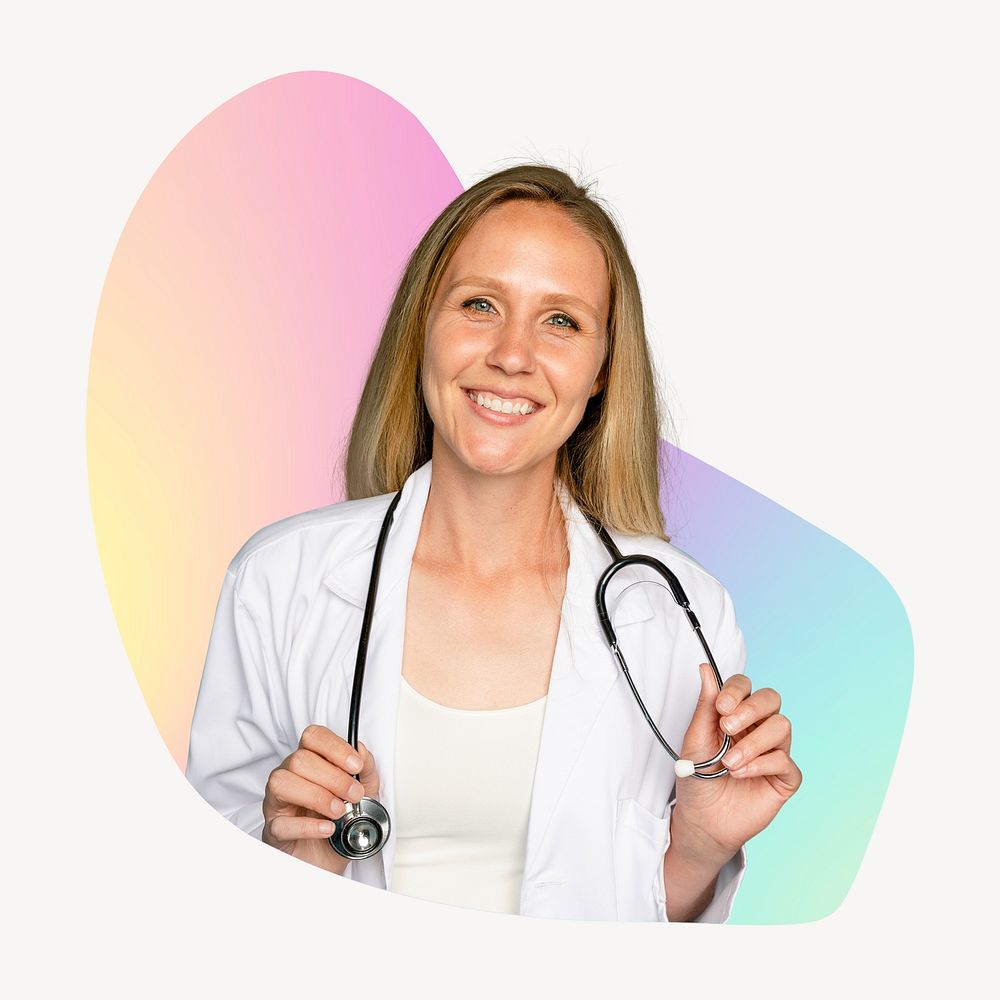 Female doctor with stethoscope, abstract shape badge