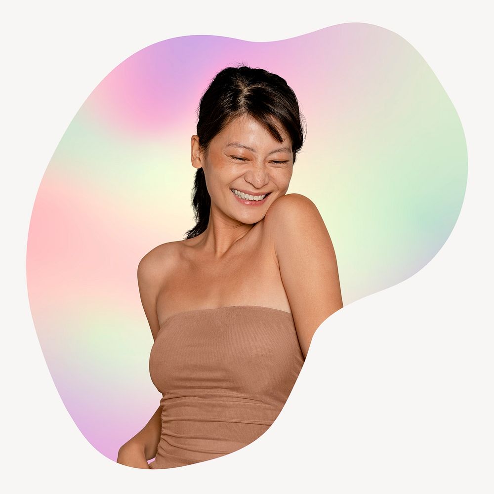 Happy woman, abstract shape badge