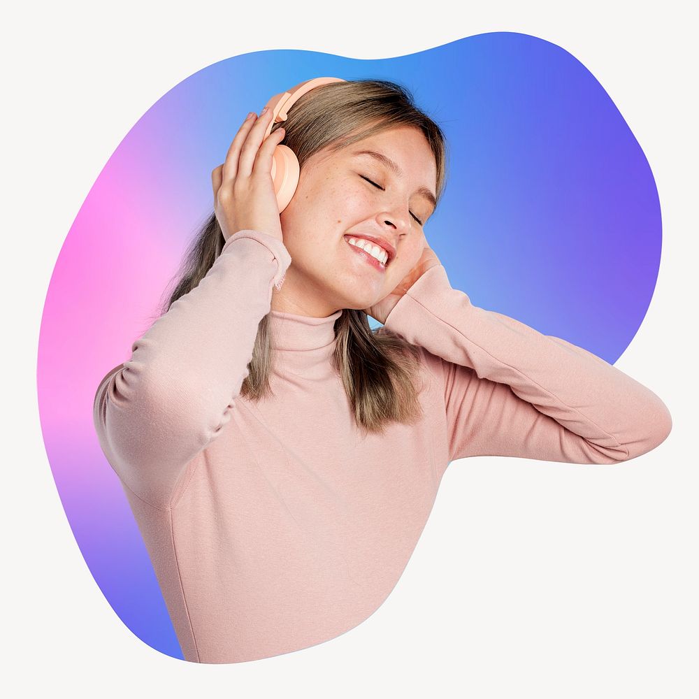 Woman listening to music, abstract shape badge