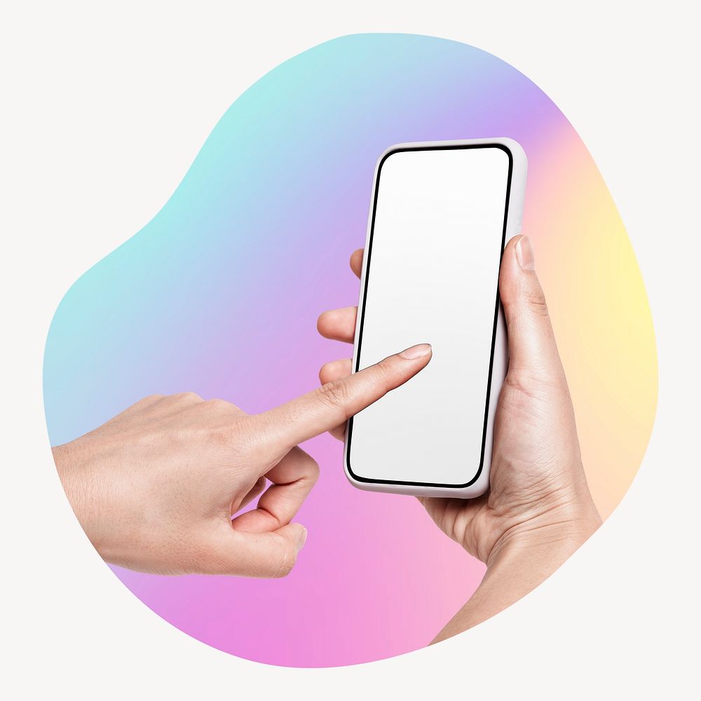 Hand using phone, abstract shape badge