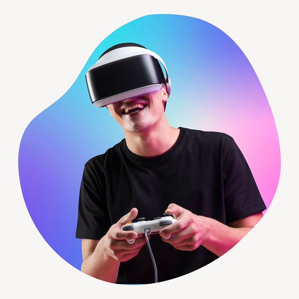Man wearing vr glass, metaverse game play concept, abstract shape badge