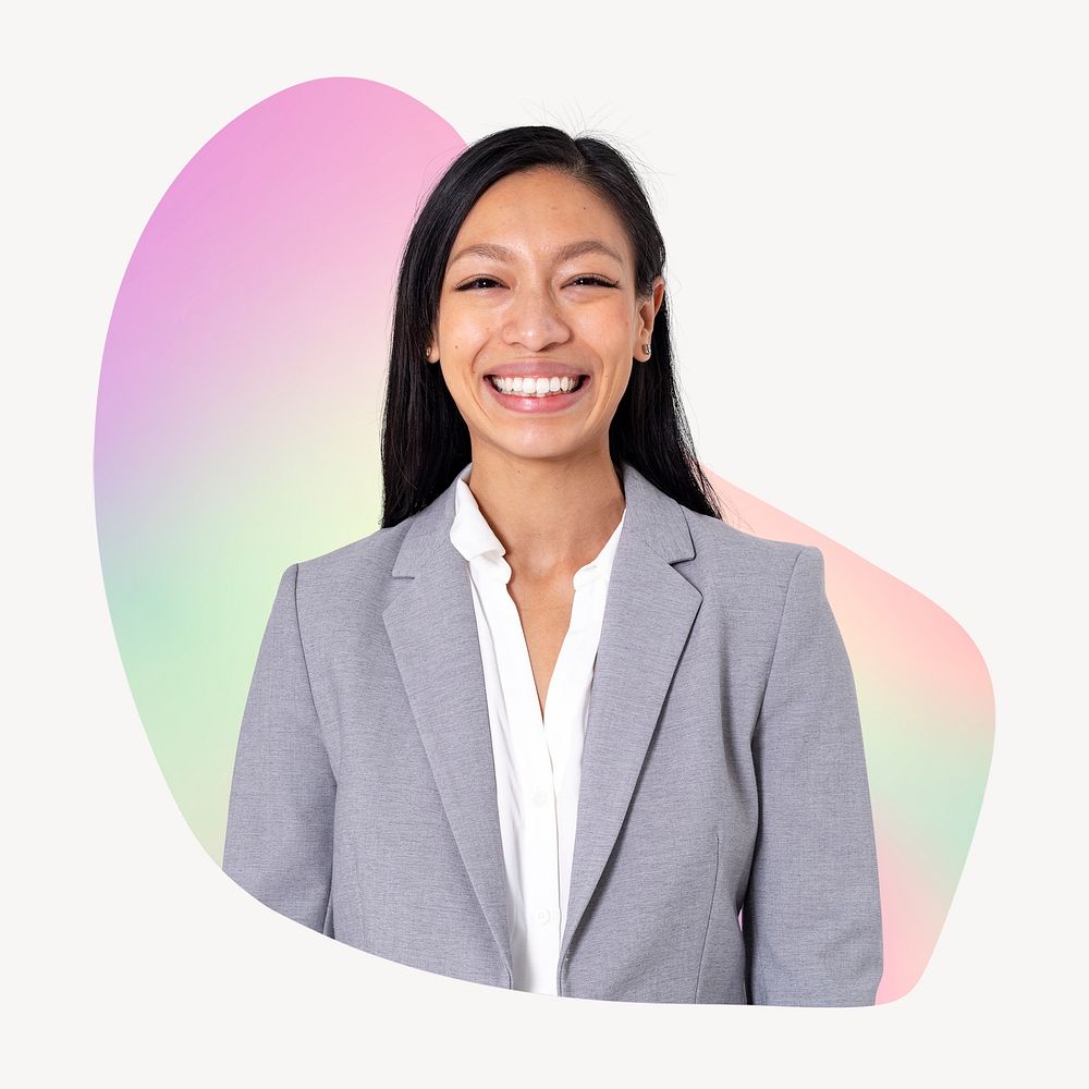 Happy Asian businesswoman, abstract shape badge