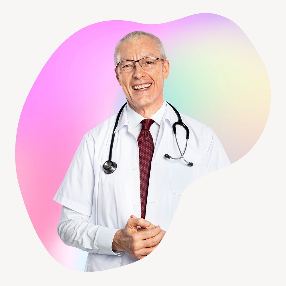 Male doctor with stethoscope, abstract shape badge
