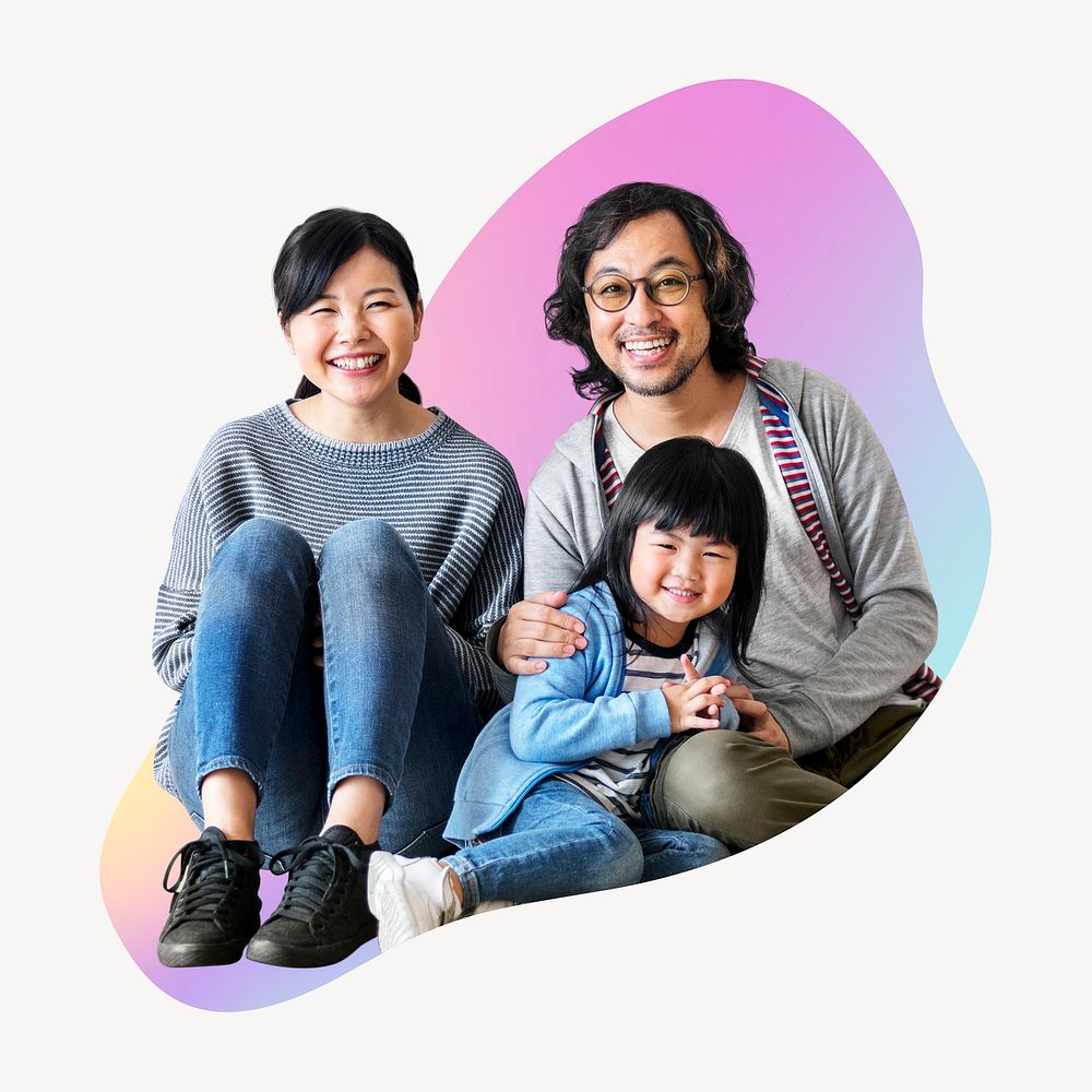 Happy Asian family, abstract shape badge