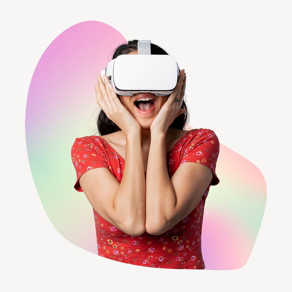Woman wearing vr glass, metaverse concept, abstract shape badge