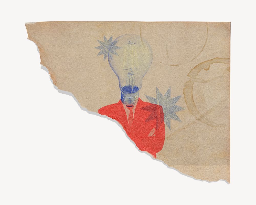 Light bulb head businessman vintage ripped paper, business concept art