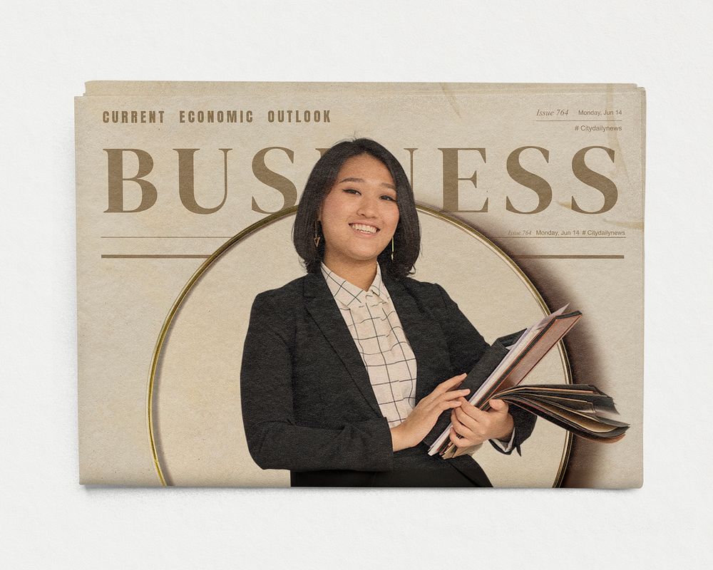 Female economist vintage newspaper, financial business headline