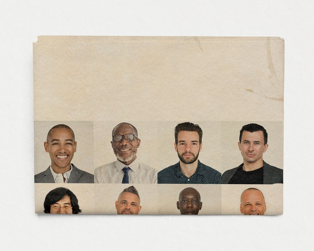 Diverse businessmen newspaper, workplace diversity photo with design space