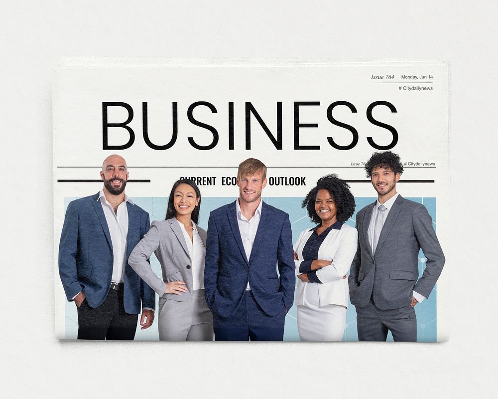 Diverse startup company newspaper, business article headline