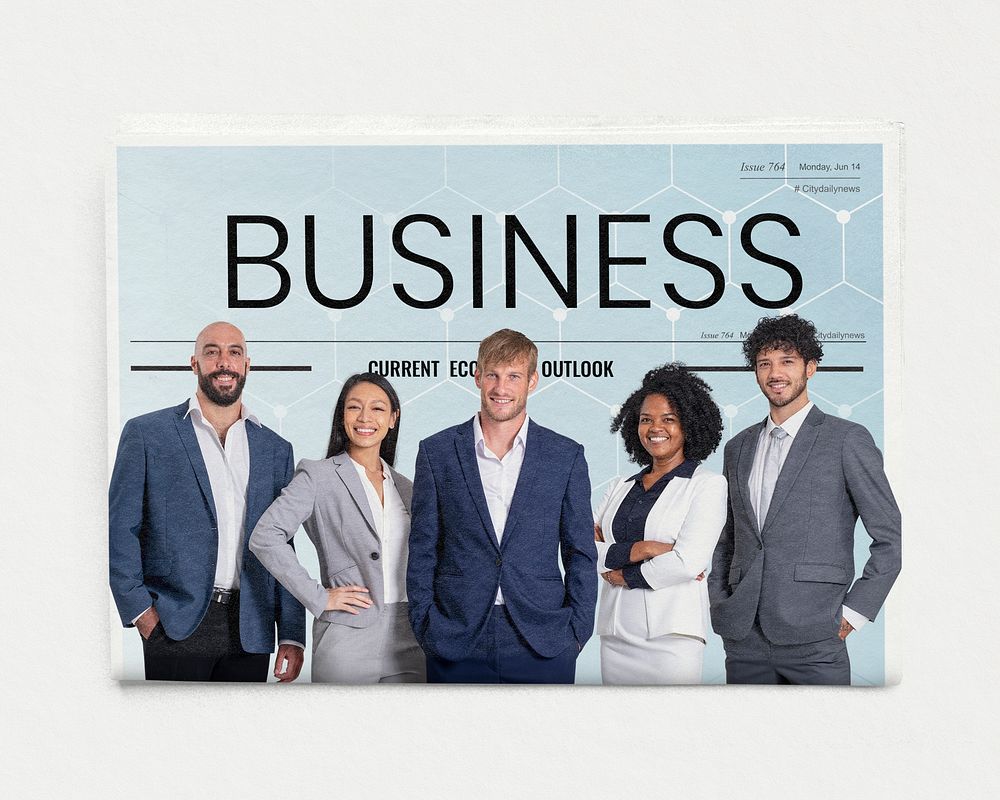 Diverse startup company newspaper, business article headline