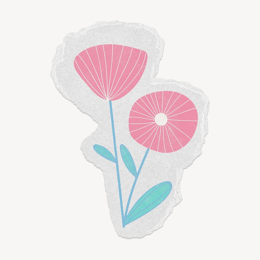 Pink flower, doodle botanical torn paper design