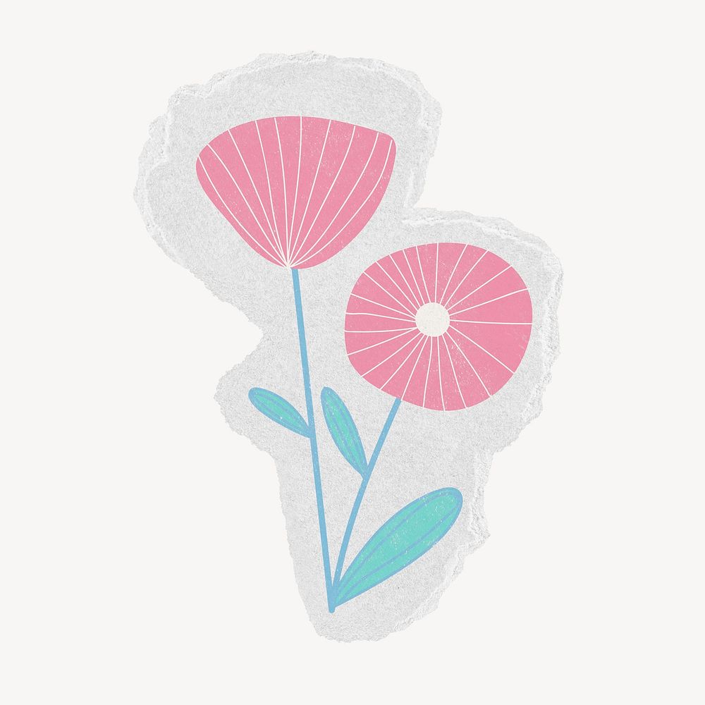 Pink flower collage element, doodle botanical torn paper design psd
