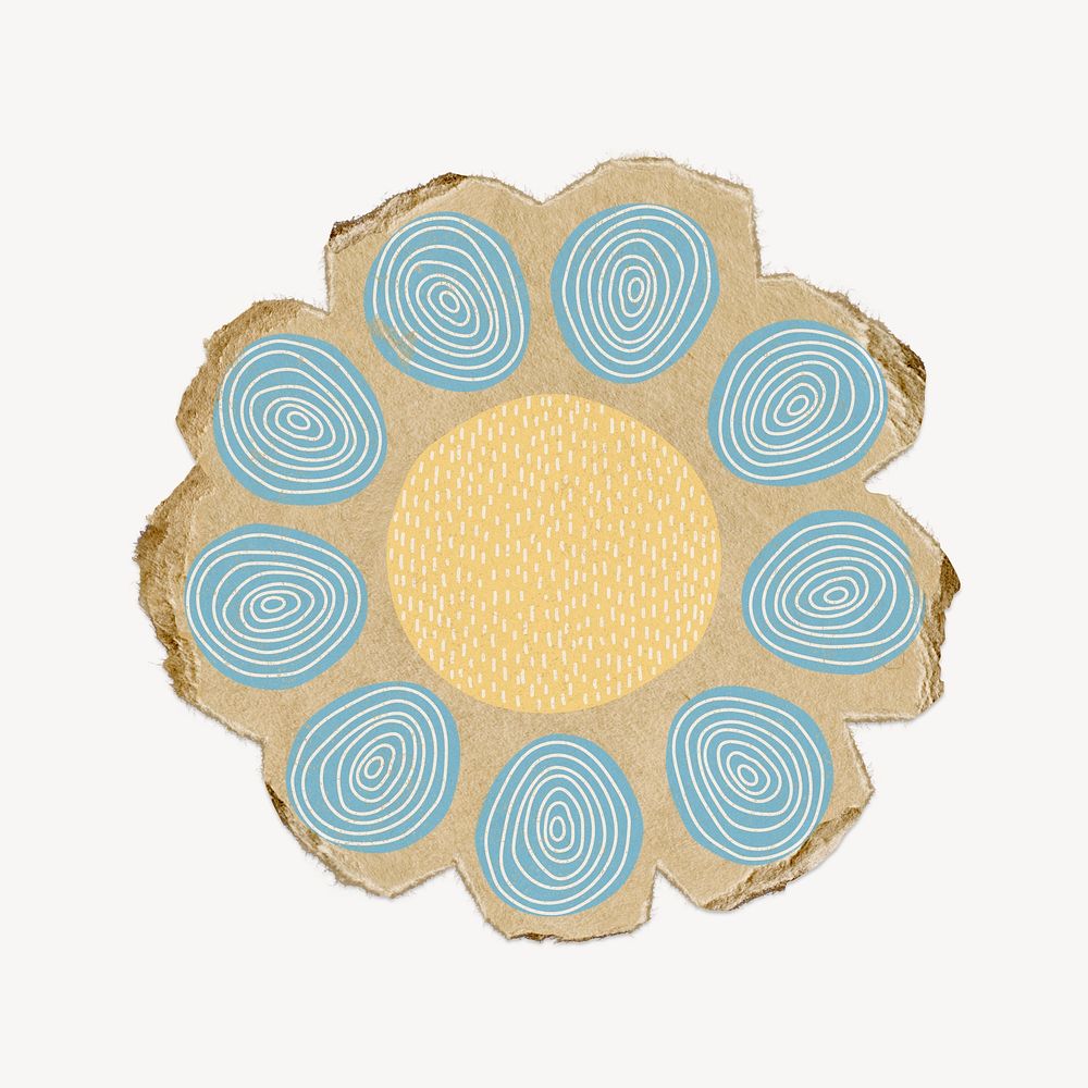 Blue flower collage element, patterned doodle torn paper design psd