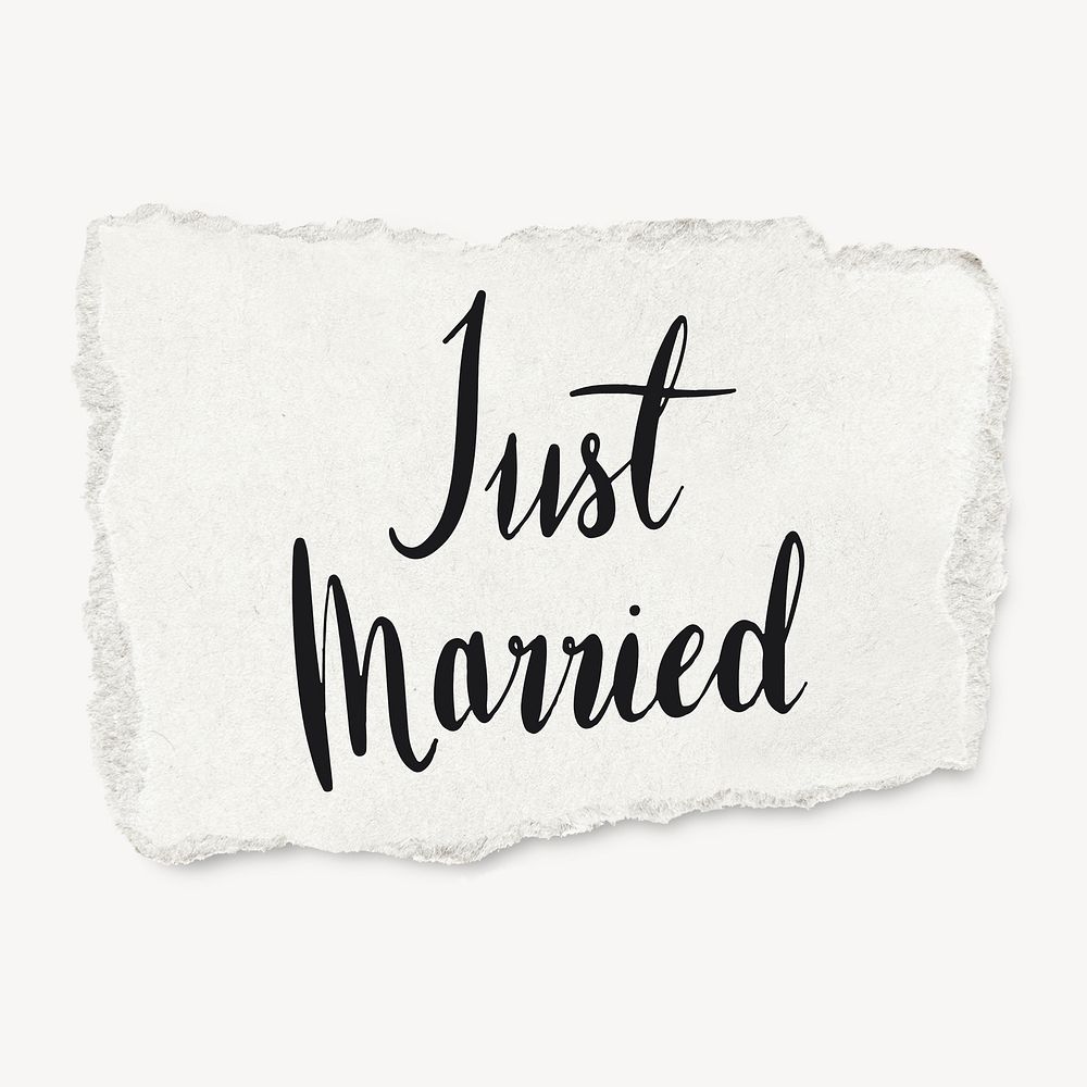 Just married word, torn paper typography psd