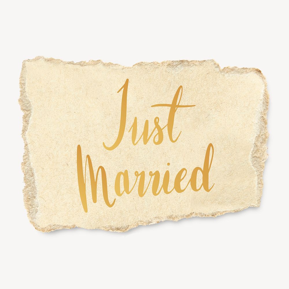 Just married word, ripped paper typography psd