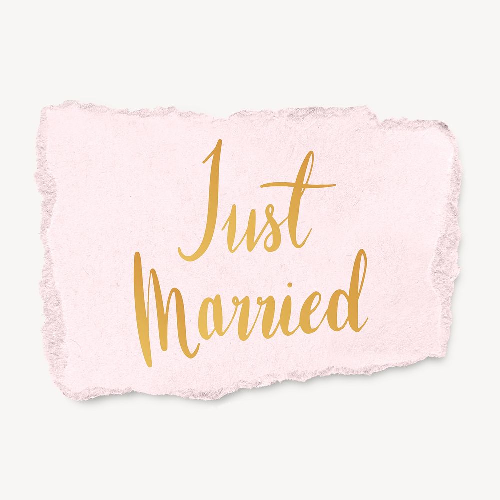 Just married word, torn paper typography psd