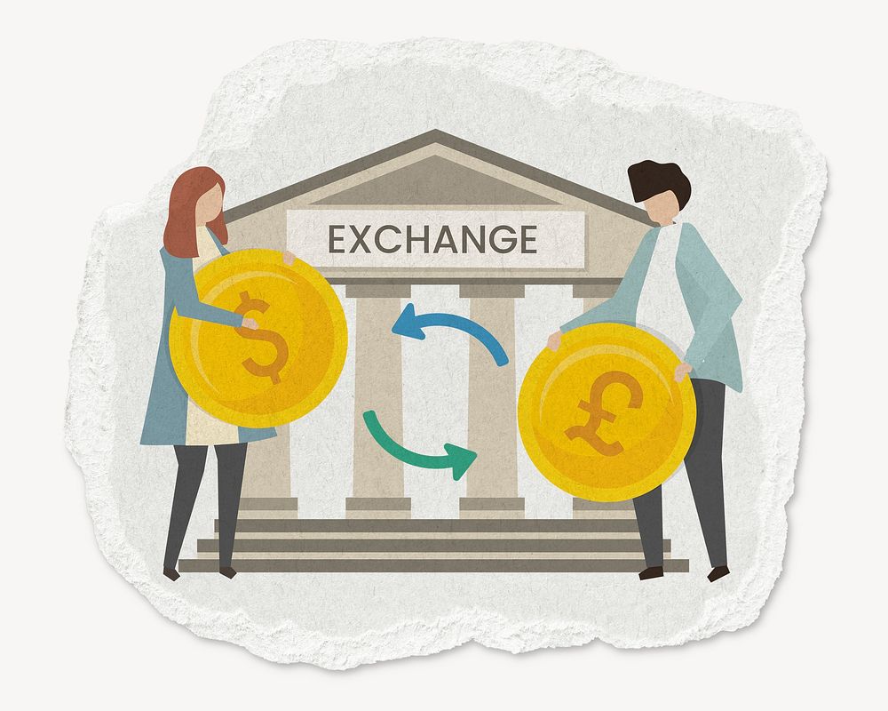 Investment illustration, currency exchange, torn paper