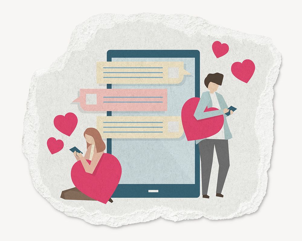 Online dating ripped paper illustration, romantic
