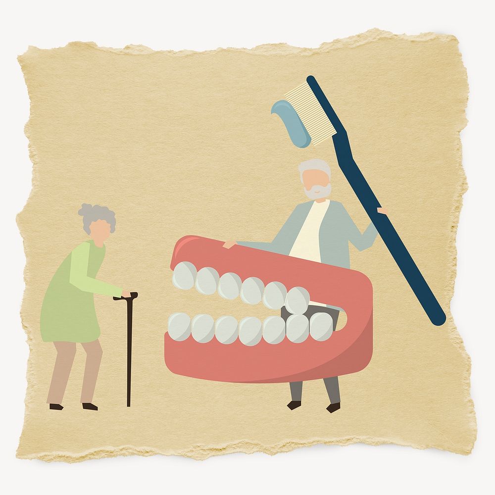 Dental care illustration, elderly couple, torn paper design