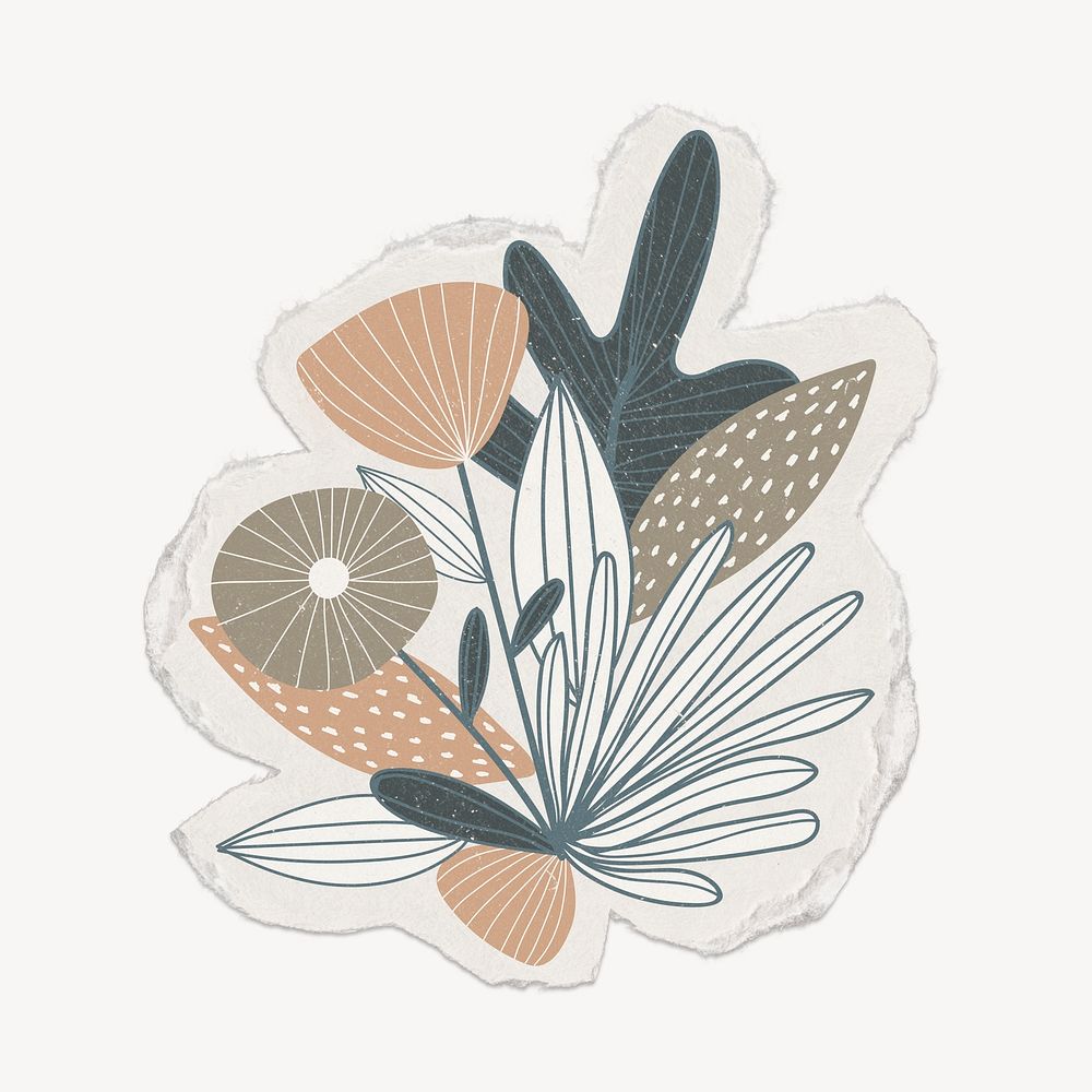 Flower collage element, doodle botanical torn paper design psd