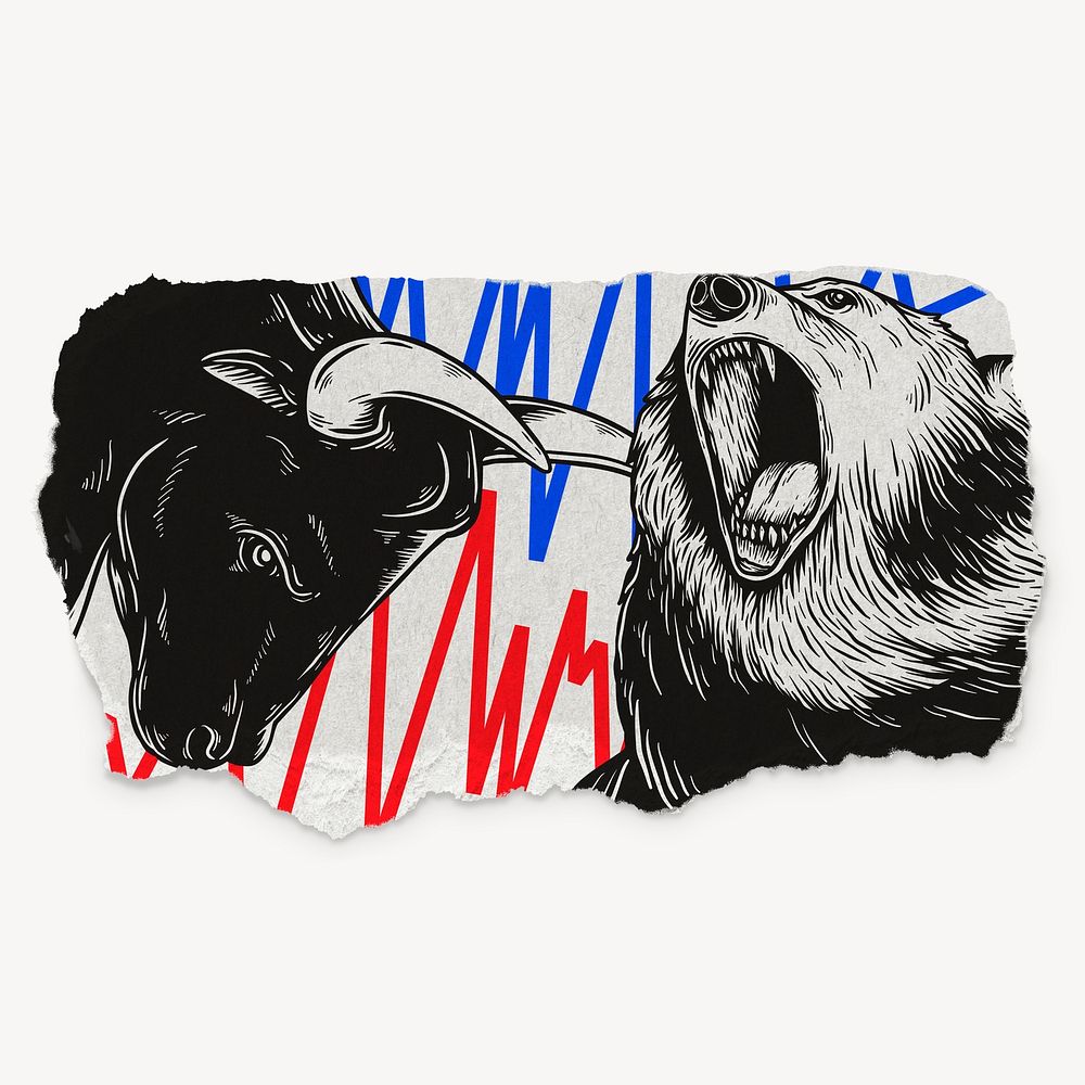 Bull vs bear markets collage element, torn paper psd