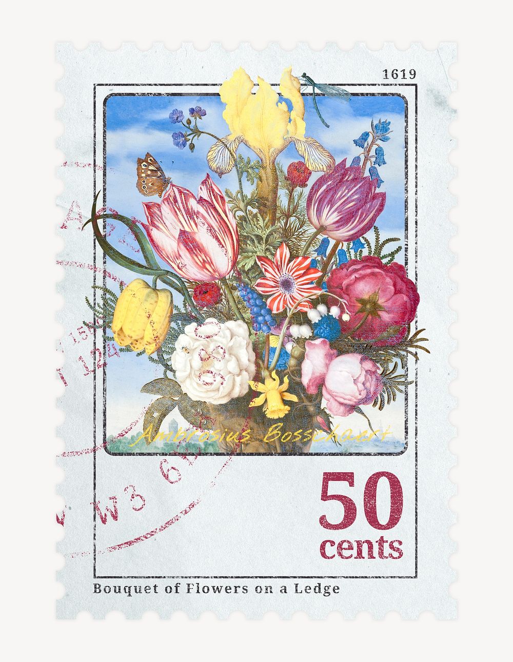 Aesthetic floral postage stamp, botanical illustration
