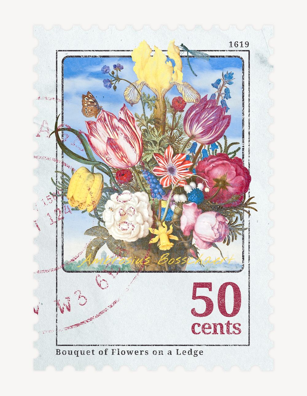 Vintage flower postage stamp, spring collage element psd