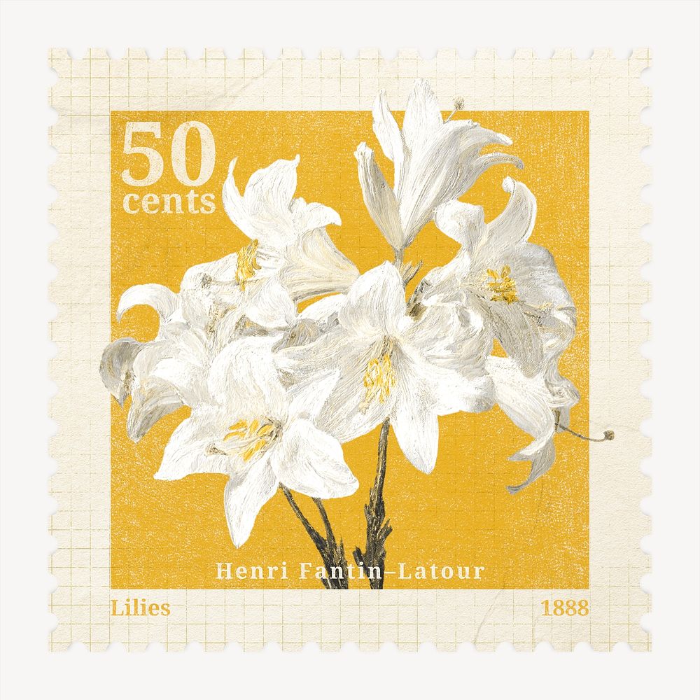 Aesthetic floral postage stamp, white lily collage element psd