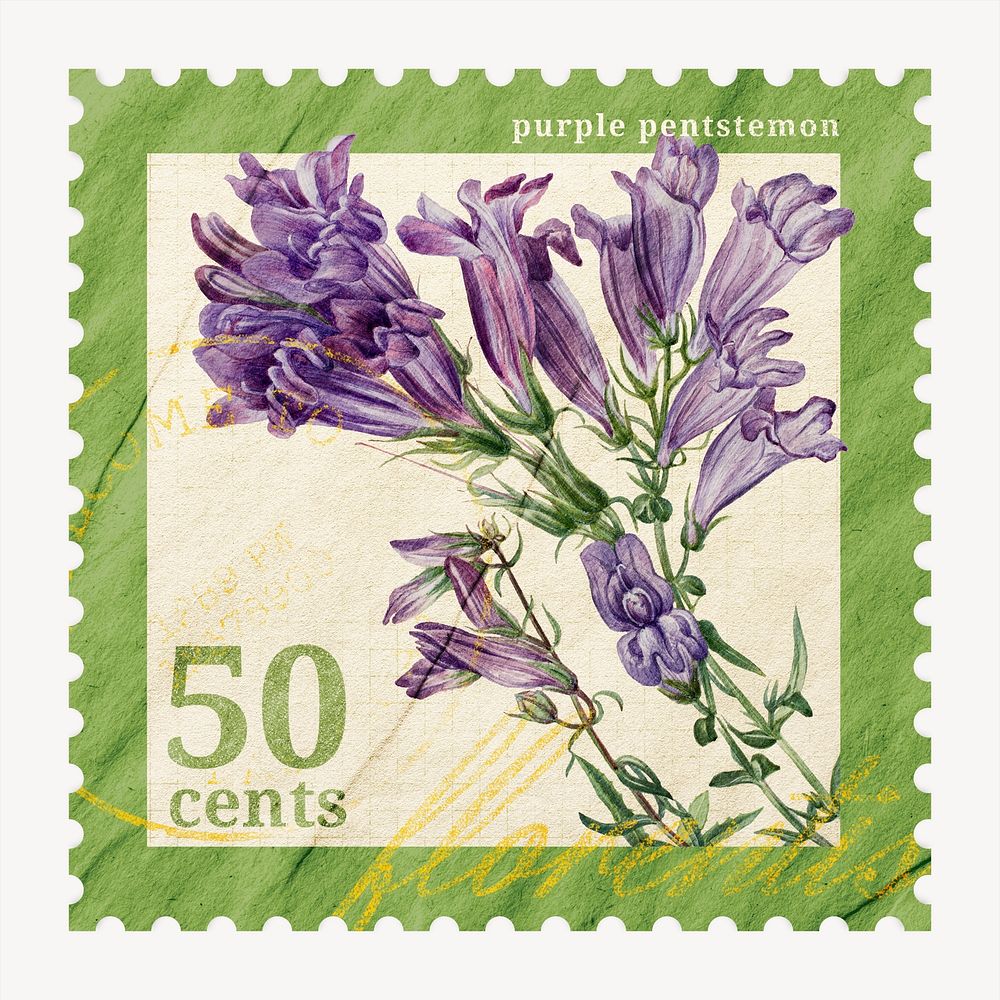 Aesthetic floral postage stamp, purple beardtongues flower collage element psd