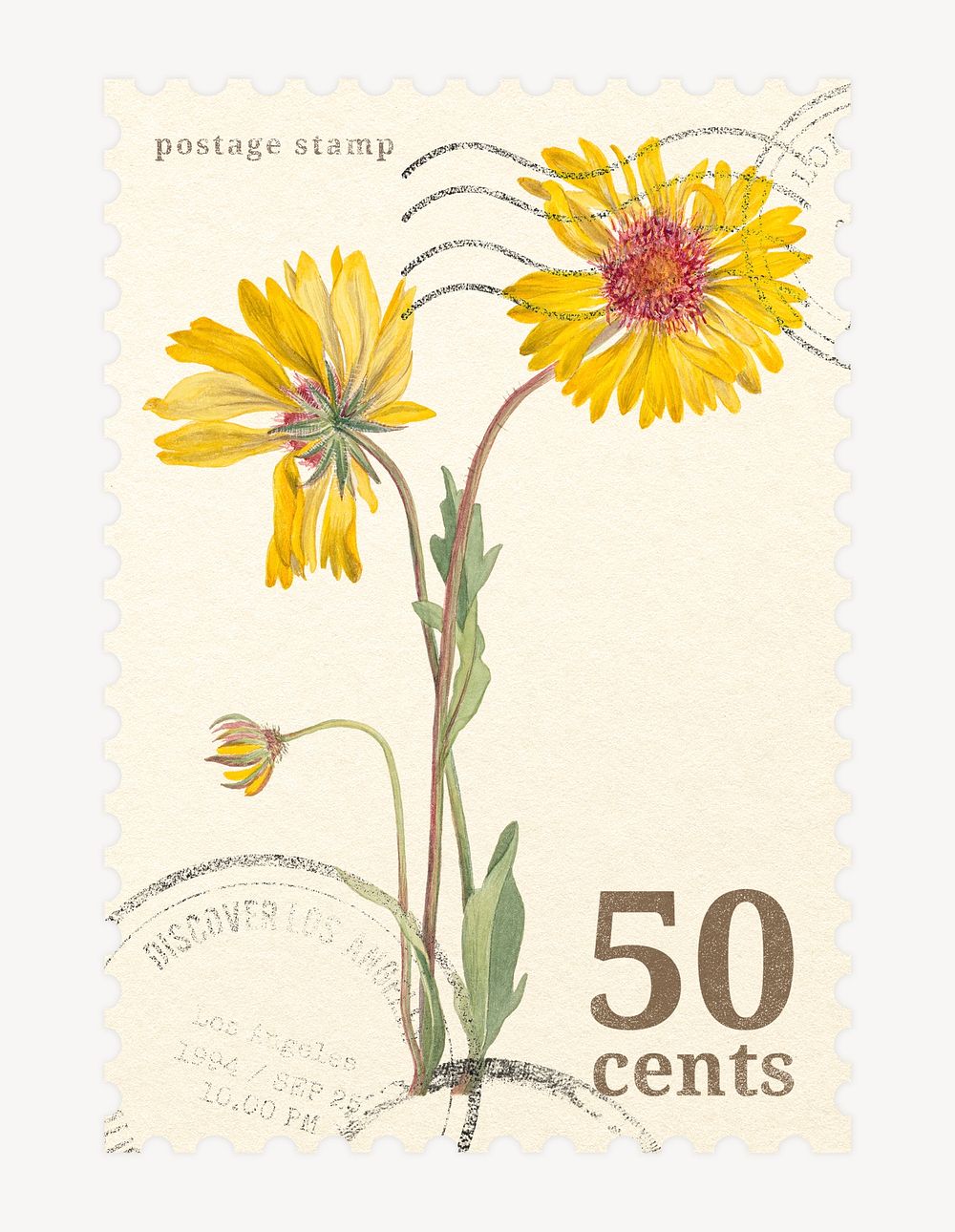 Aesthetic floral postage stamp, blanket flower collage element psd