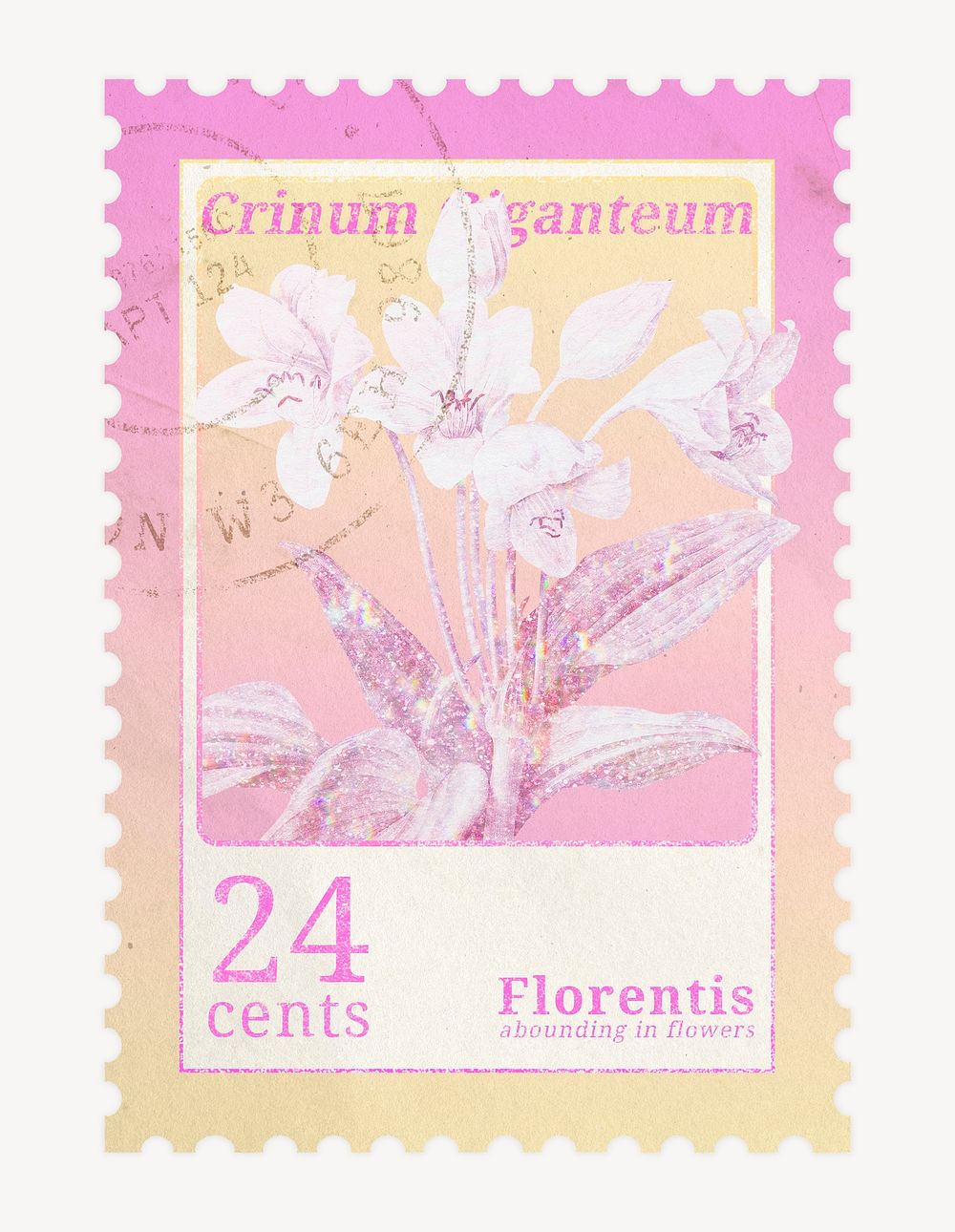 Aesthetic holographic postage stamp, crinum giganteum flower collage element psd