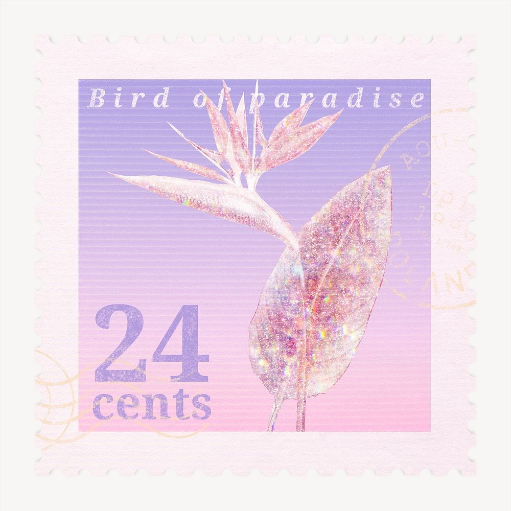 Aesthetic holographic postage stamp, bird of paradise flower collage element psd