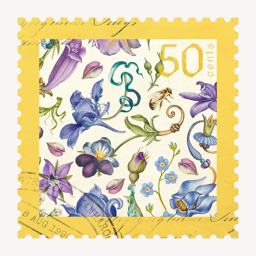 Aesthetic flower postage stamp, spring collage element psd
