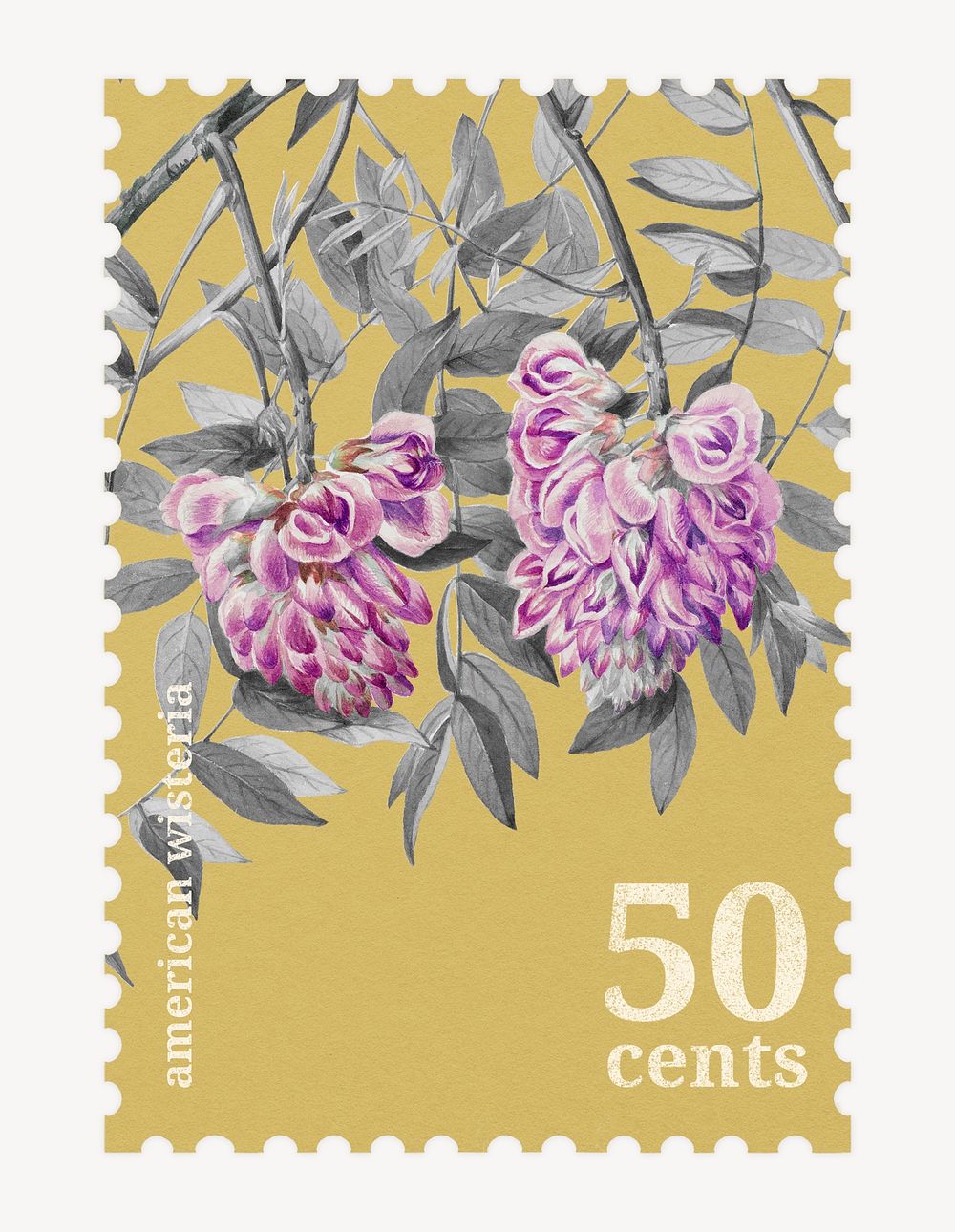 Aesthetic floral postage stamp, wisteria flower collage element psd