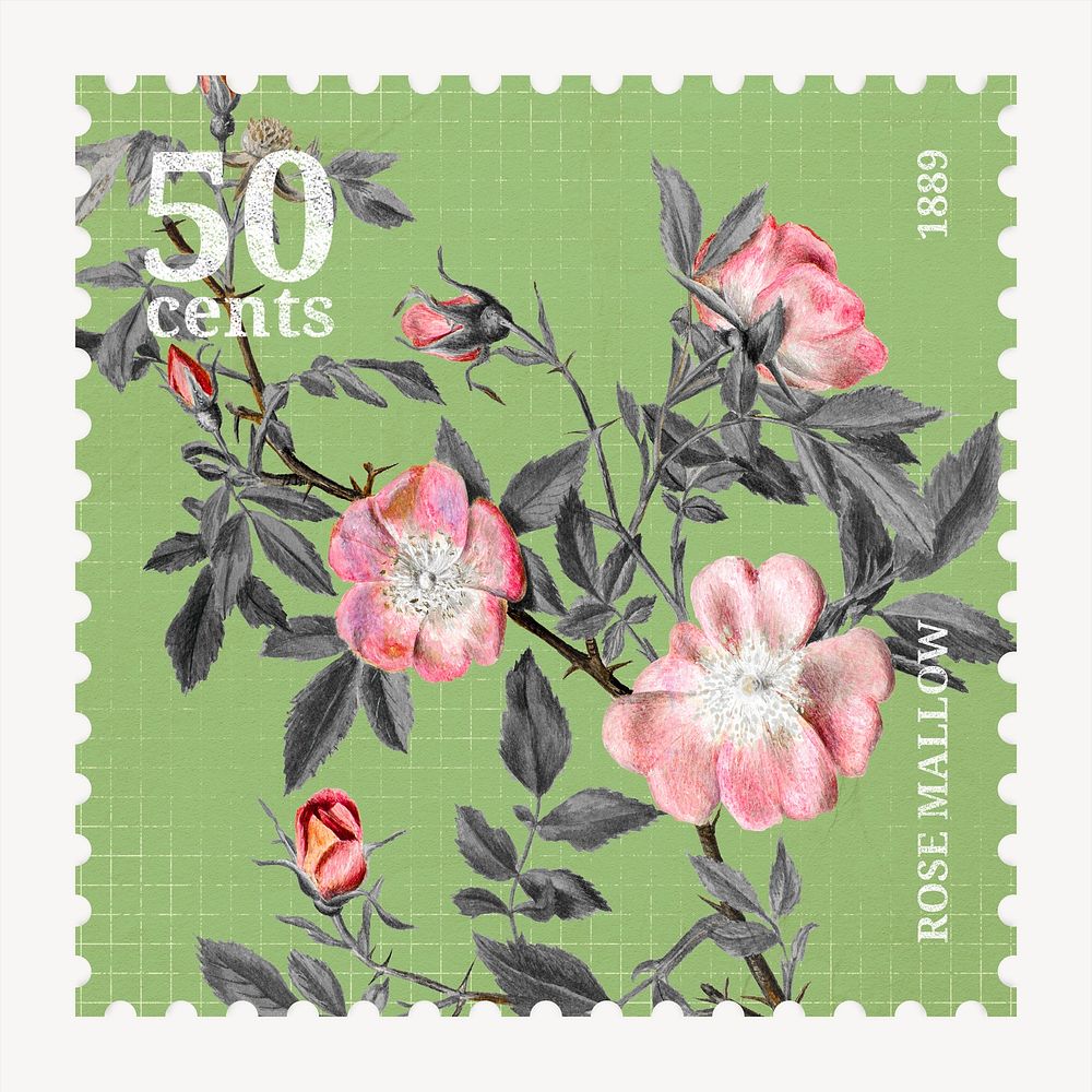 Aesthetic pink flower postage stamp illustration