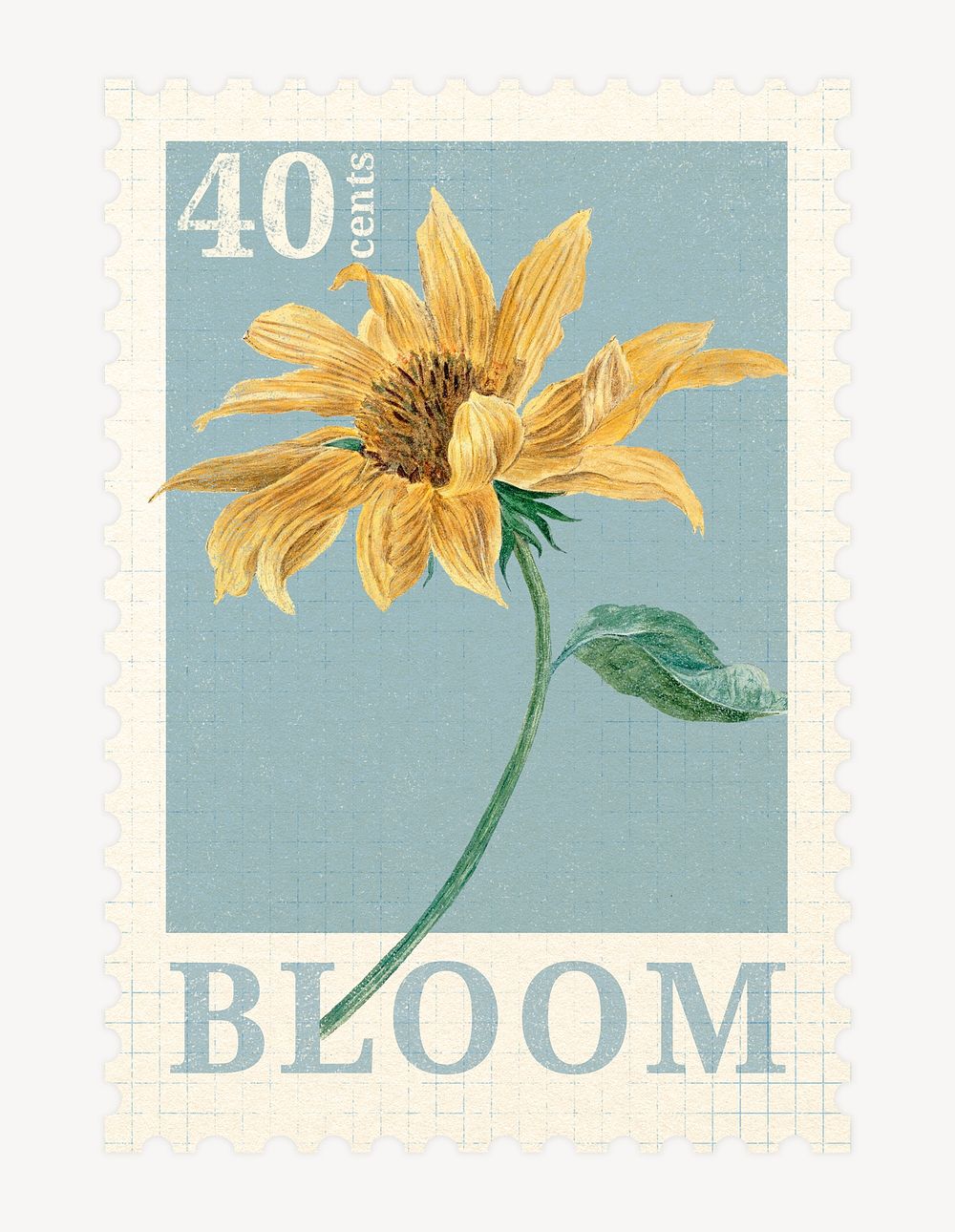 Aesthetic flower postage stamp, blooming sunflower illustration psd
