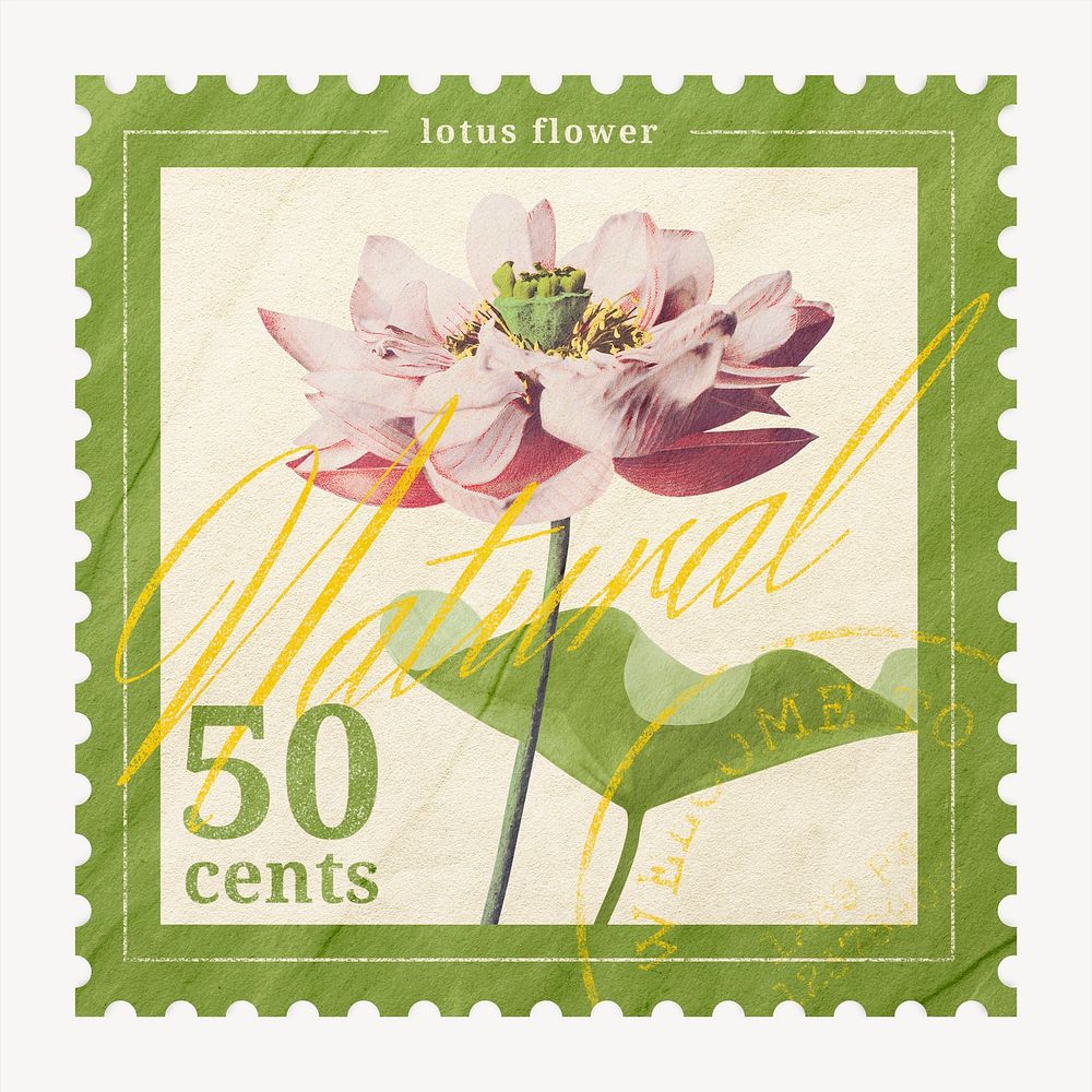 Vintage lotus postage stamp, flower illustration