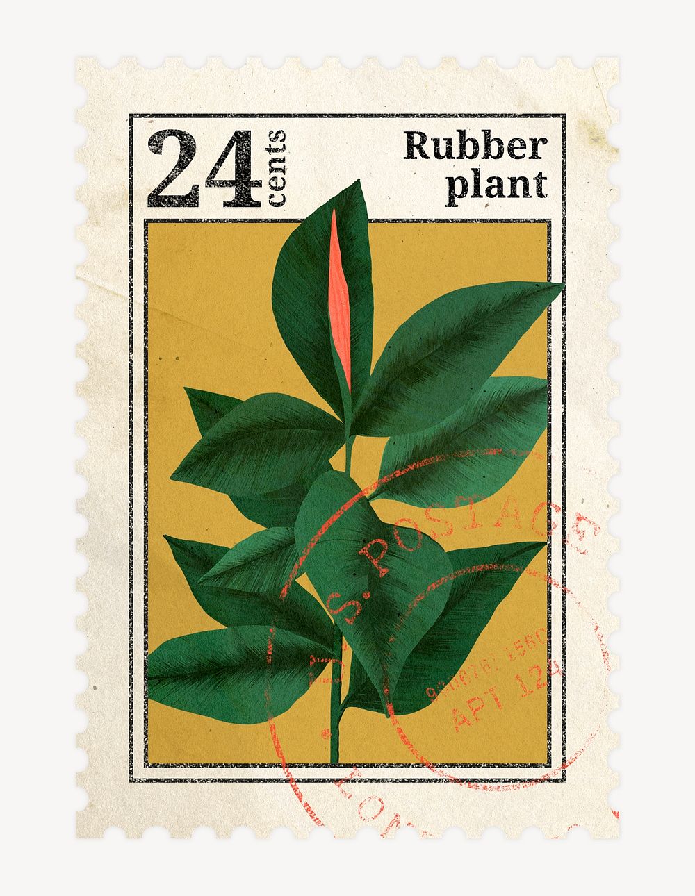 Botanical postage stamp, rubber plant, ephemera collage element psd